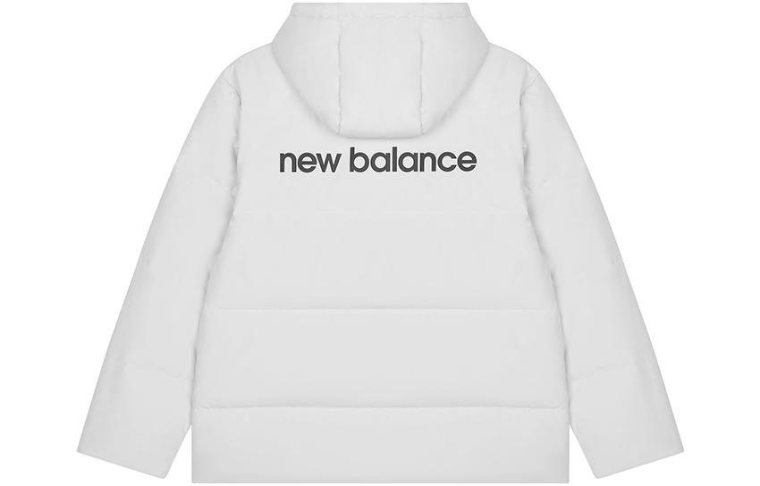 Lookbook New Balance  White Puffer Jacket with Solid Logo Print and Zipper Hood. AMJ23343-GYM