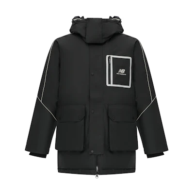 New Balance Winter Puffer Jacket Black Hooded Logo Insulated Coat. AMJ14320-BK