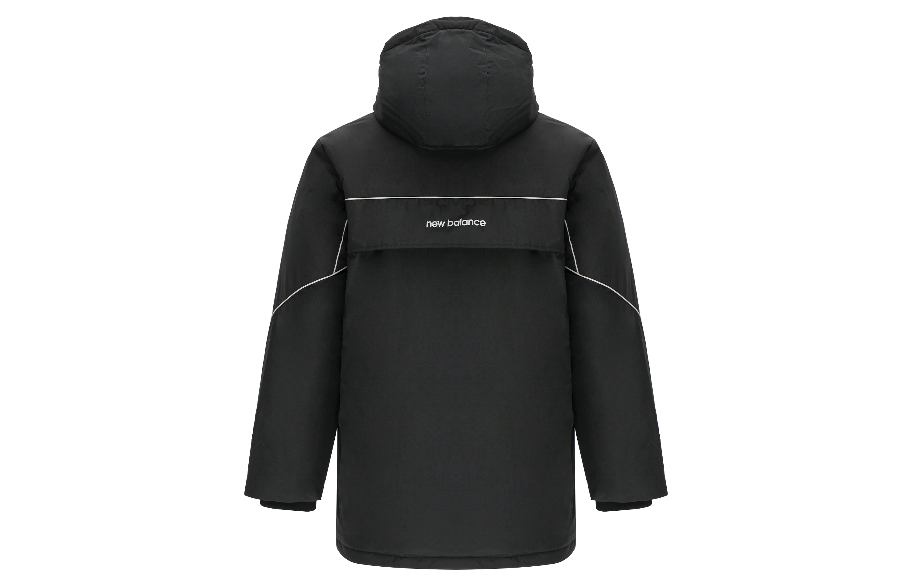 Lookbook New Balance  Winter Puffer Jacket Black Hooded Logo Insulated Coat. AMJ14320-BK