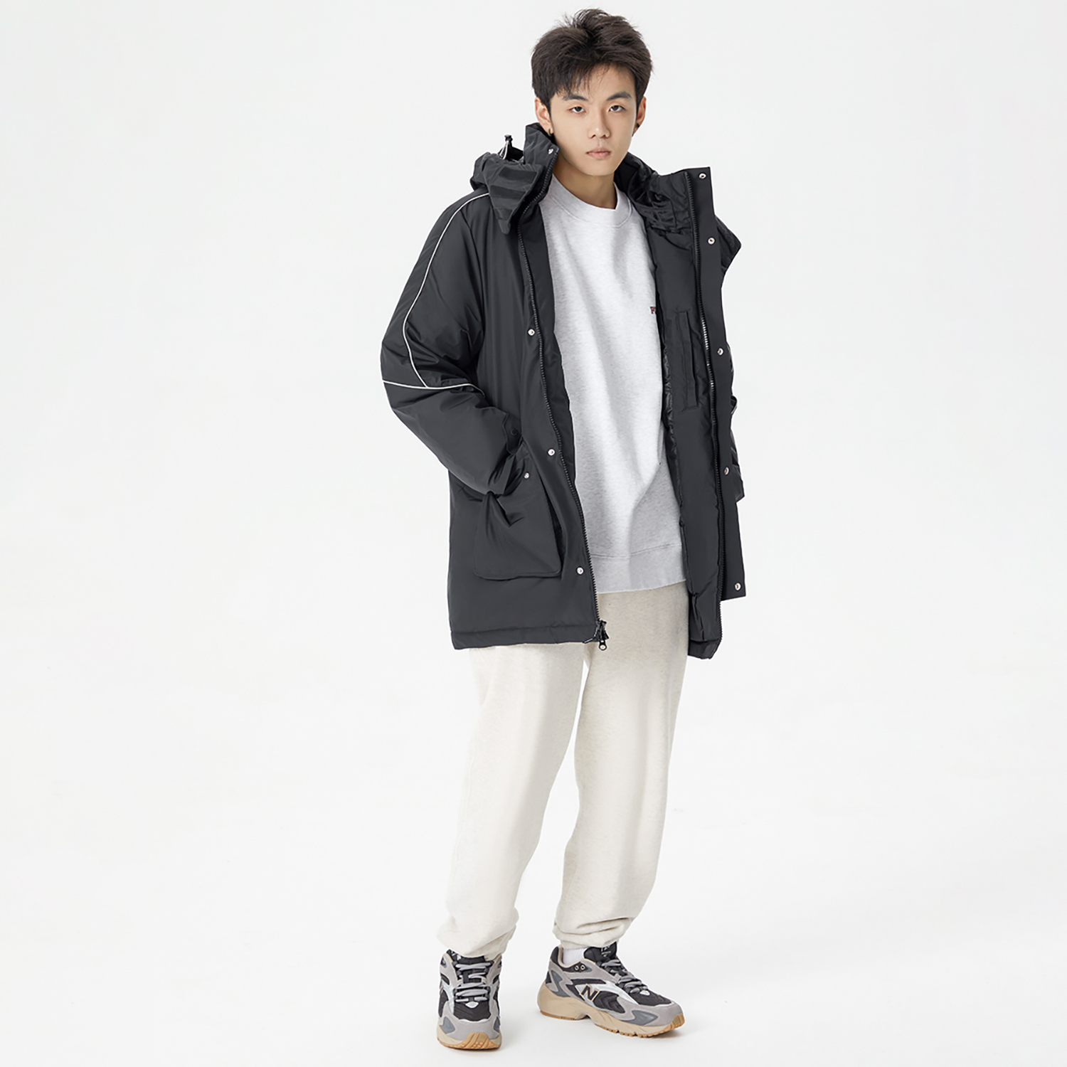 Shop New Balance  Winter Puffer Jacket Black Hooded Logo Insulated Coat. AMJ14320-BK