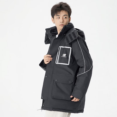 New Balance Winter Puffer Jacket Black Hooded Logo Insulated Coat. AMJ14320-BK Sizing New Balance Winter Puffer Jacket Black Hooded Logo Insulated Coat. AMJ14320-BK