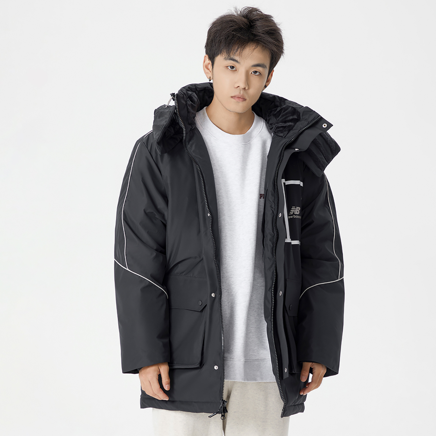 Cheap New Balance  Winter Puffer Jacket Black Hooded Logo Insulated Coat. AMJ14320-BK