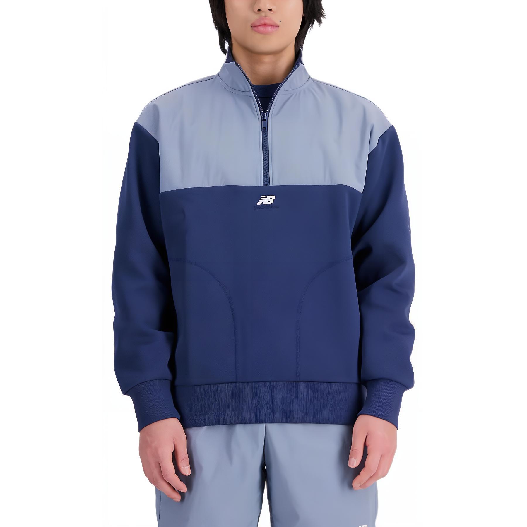 New Balance Athletics Tech Colorblock Logo Stand-Collar Pullover Navy Sweatshirt Men MT33504-NNY