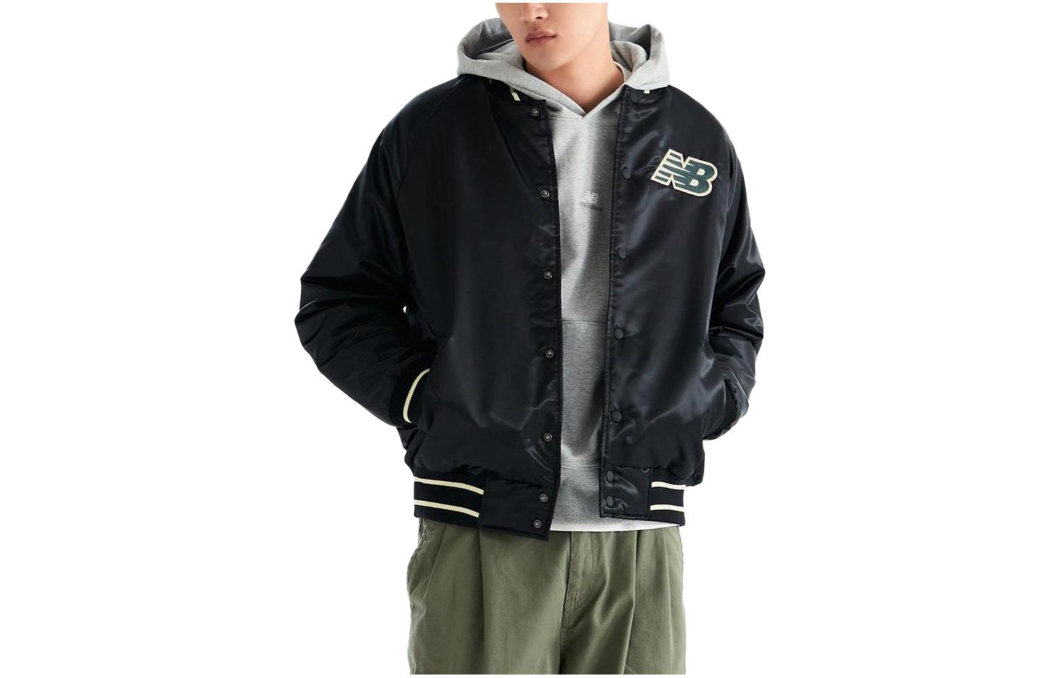 New Balance Black Baseball Jacket with Logo and Striped Collar NBNAD4S061-19