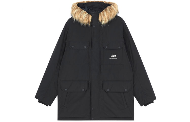 New Balance Black Mid-Length Winter Down Parka with Fur Trim Windproof Warmth. AMJ13329-BK