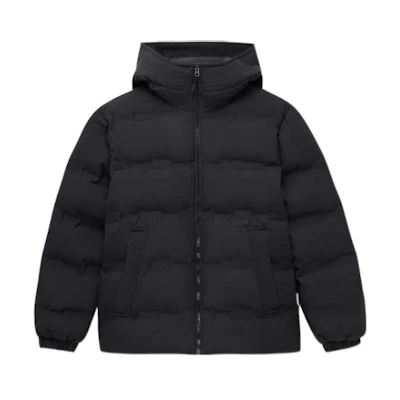 New Balance Black Unisex Down Jacket with Solid Color Zipper Hoodie. AMJ24375-BK