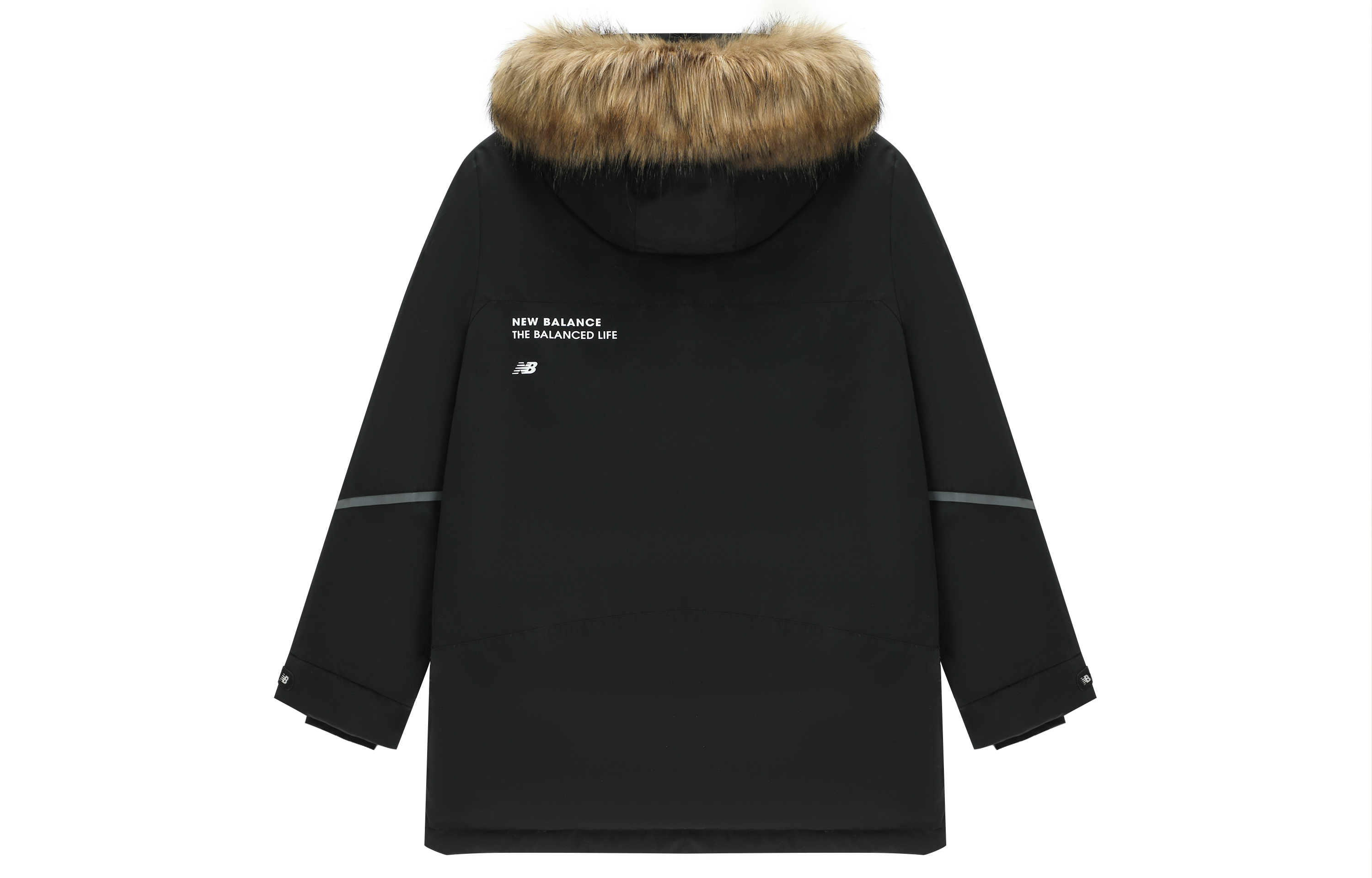 Lookbook New Balance Black Unisex Mid-Length Hooded Down Jacket with Logo Embroidery. 5PC44603-BK