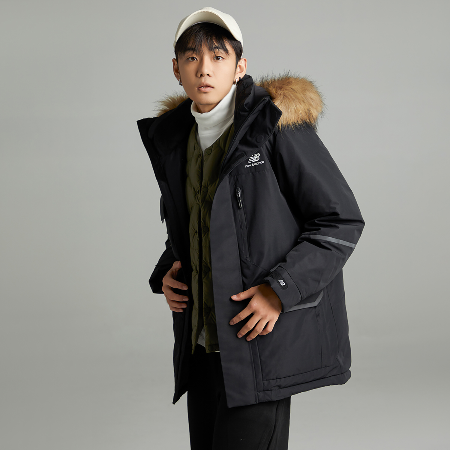 Purchase New Balance Black Unisex Mid-Length Hooded Down Jacket with Logo Embroidery. 5PC44603-BK