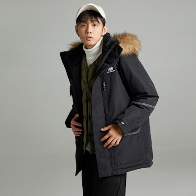 New Balance Black Unisex Mid-Length Hooded Down Jacket with Logo Embroidery. 5PC44603-BK Purchase New Balance Black Unisex Mid-Length Hooded Down Jacket with Logo Embroidery. 5PC44603-BK