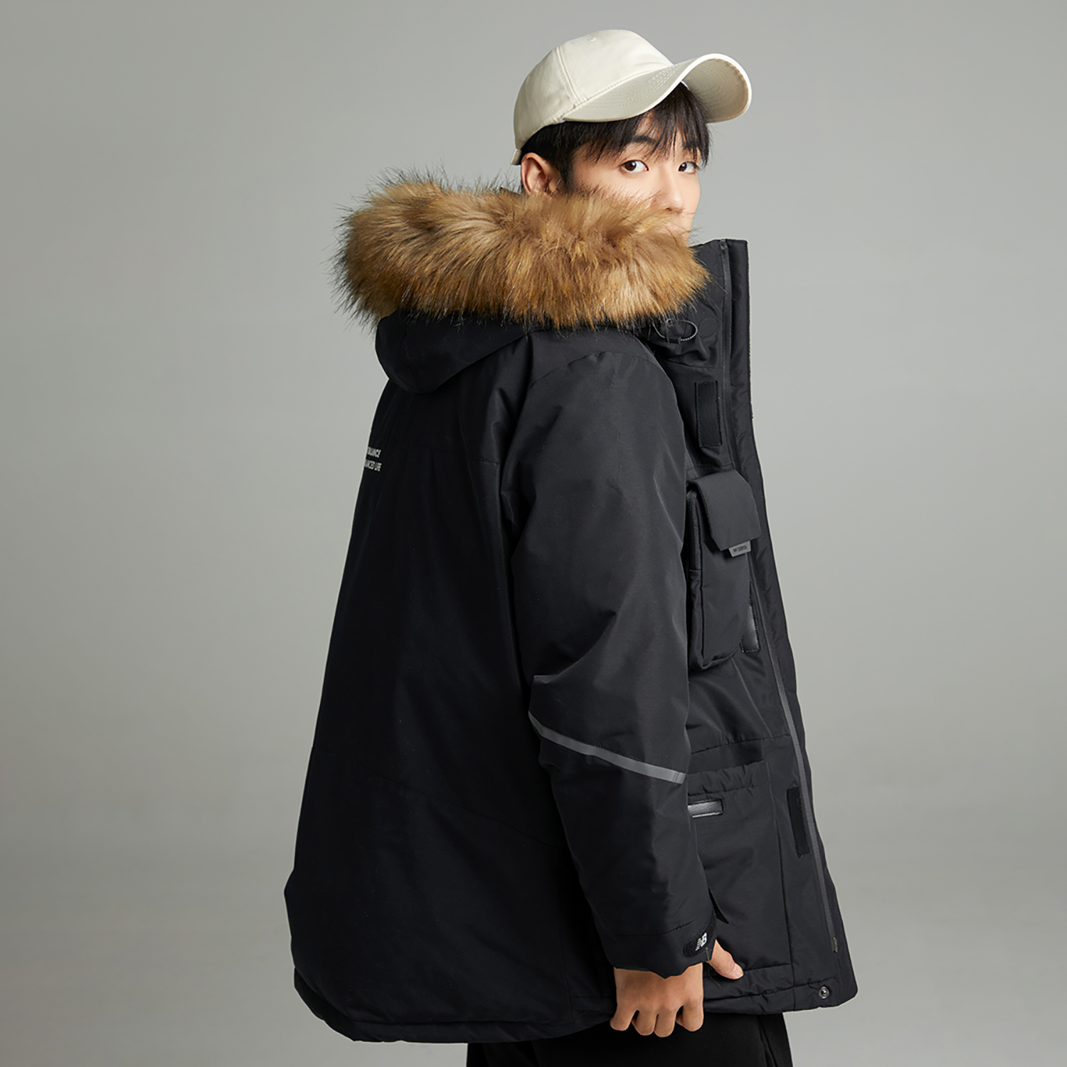 Details for New Balance Black Unisex Mid-Length Hooded Down Jacket with Logo Embroidery. 5PC44603-BK