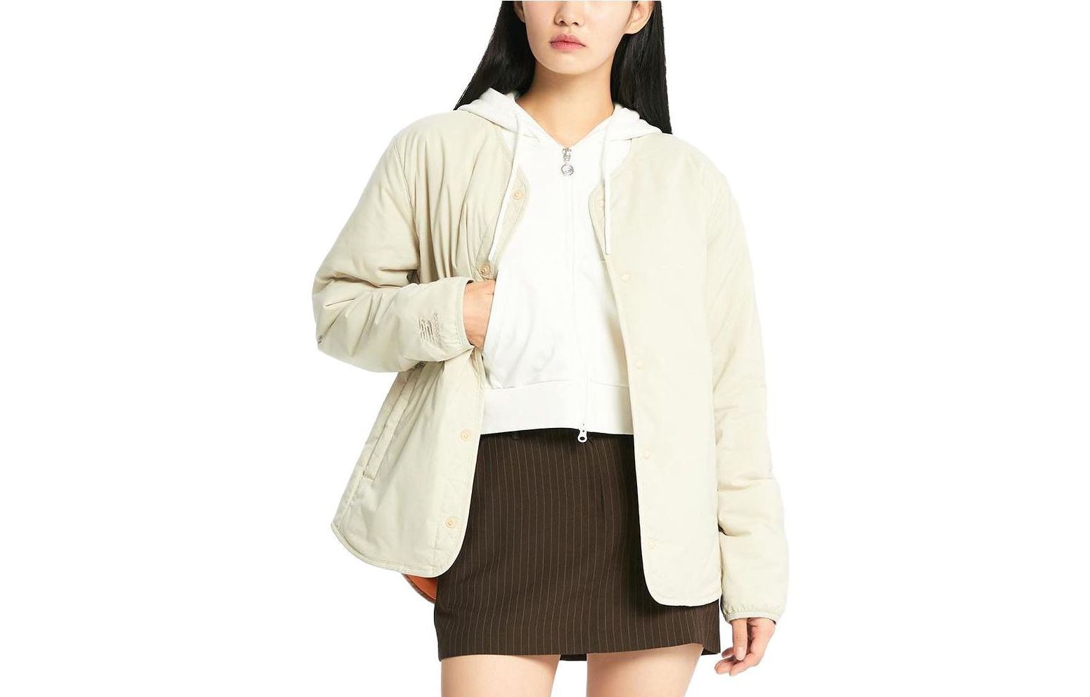 New Balance Collarless Beige Button-Up Long Sleeve Jacket Unisex NBNQD41903-35