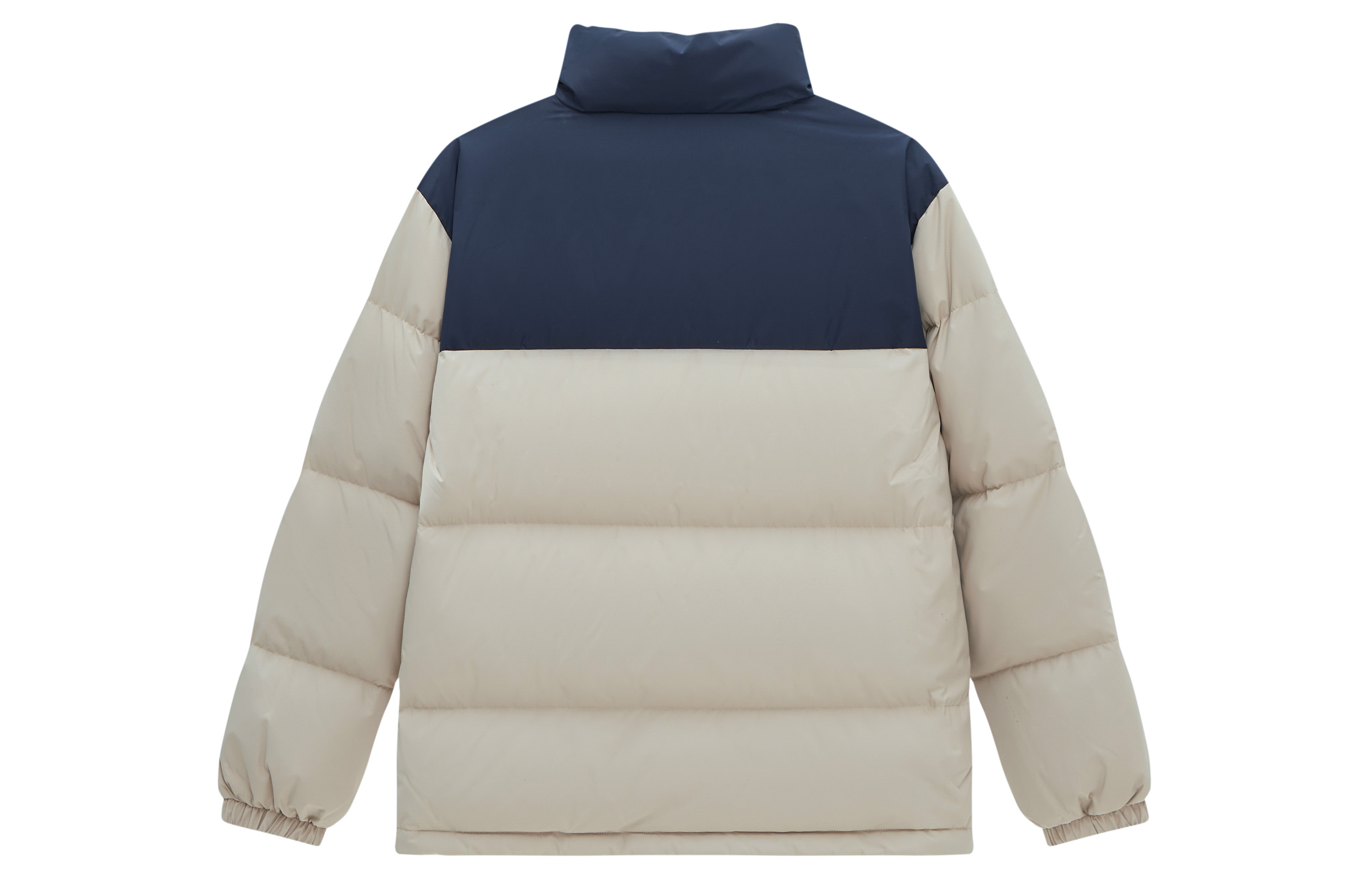 Lookbook 뉴발란스 컬러블록 방풍 다운 자켓 카키/블루 유니섹스. AMJ34304-SOT