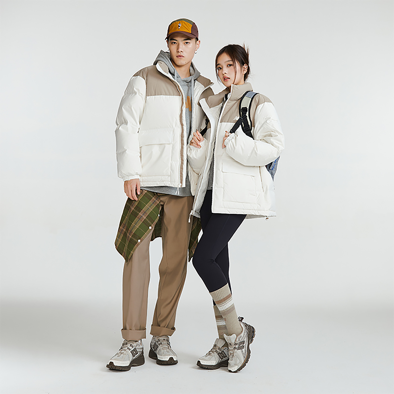 Sizing New Balance拼色冬季羽绒外套男女同款卡其色/白色 AMJ34304-CIC