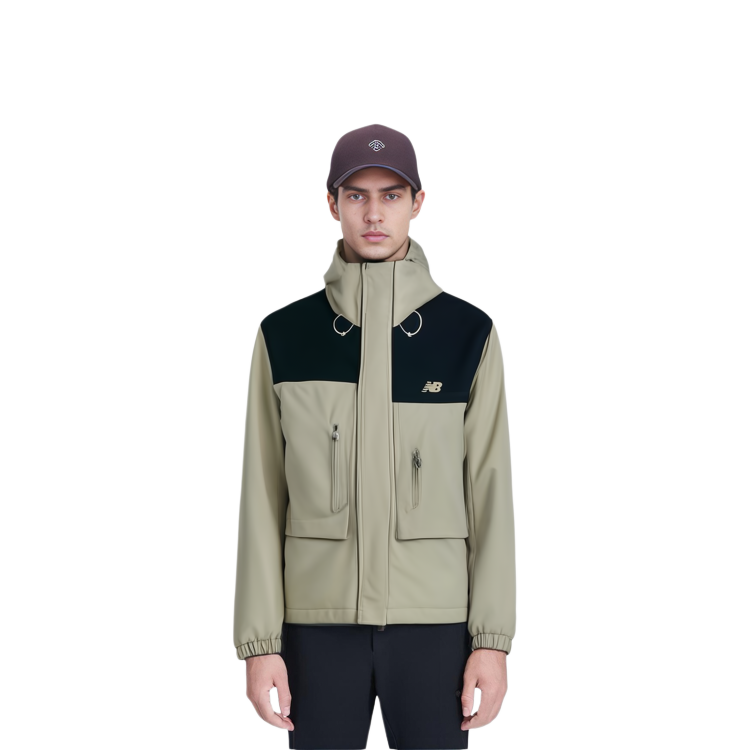 Shop New Balance 法蘭絨拼色連帽外套 卡其 戶外休閒 AMJ41327-SOT