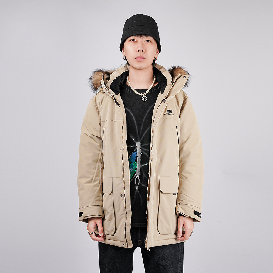 Sizing New Balance 卡其連帽中長款冬季羽絨外套 NPA46011-BEI