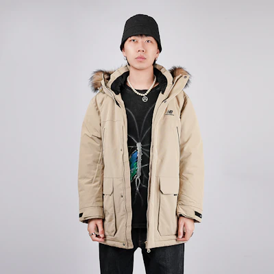 New Balance 卡其連帽中長款冬季羽絨外套 NPA46011-BEI Sizing New Balance 卡其連帽中長款冬季羽絨外套 NPA46011-BEI