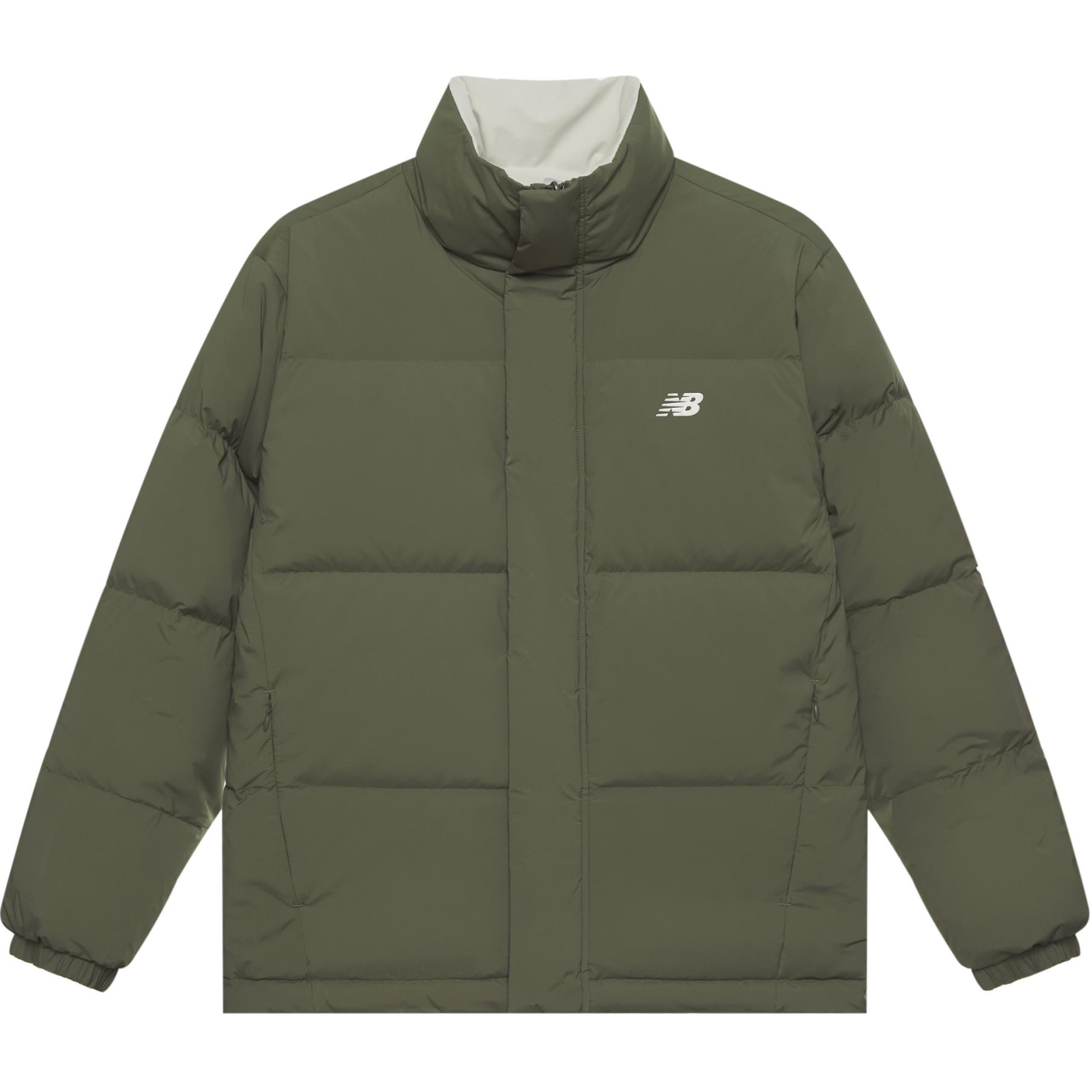 New Balance Lightweight Puffer Jacket Unisex Dark Green/White Adjustable Hem. AMJ44301-DRC
