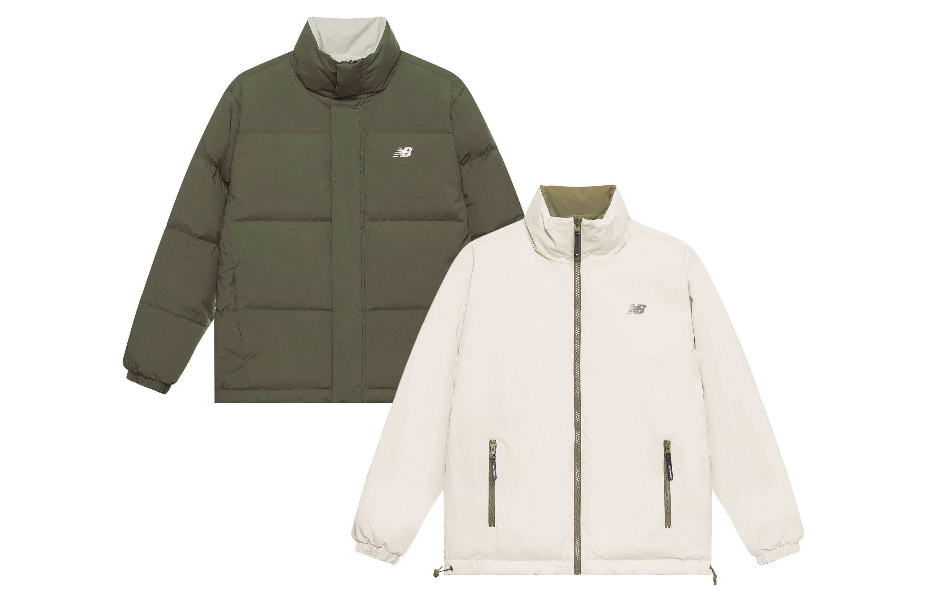 Lookbook New Balance Lightweight Puffer Jacket Unisex Dark Green/White Adjustable Hem. AMJ44301-DRC