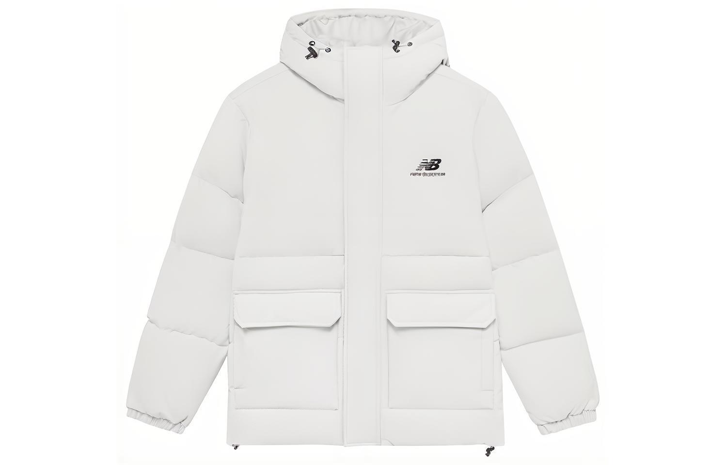 New Balance Logo Print Hidden Zip Hooded Down Jacket  White. AMJ23340-GYM