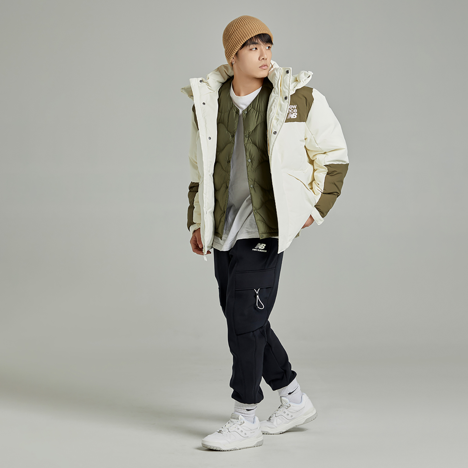 Shop New Balance Logo Printed Windproof Hooded Down Jacket White Unisex Winter Coat. AMJ24377-CIC