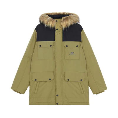 New Balance Military Green Colorblock Windproof Down Parka with Fur Trim. AMJ13329-OV
