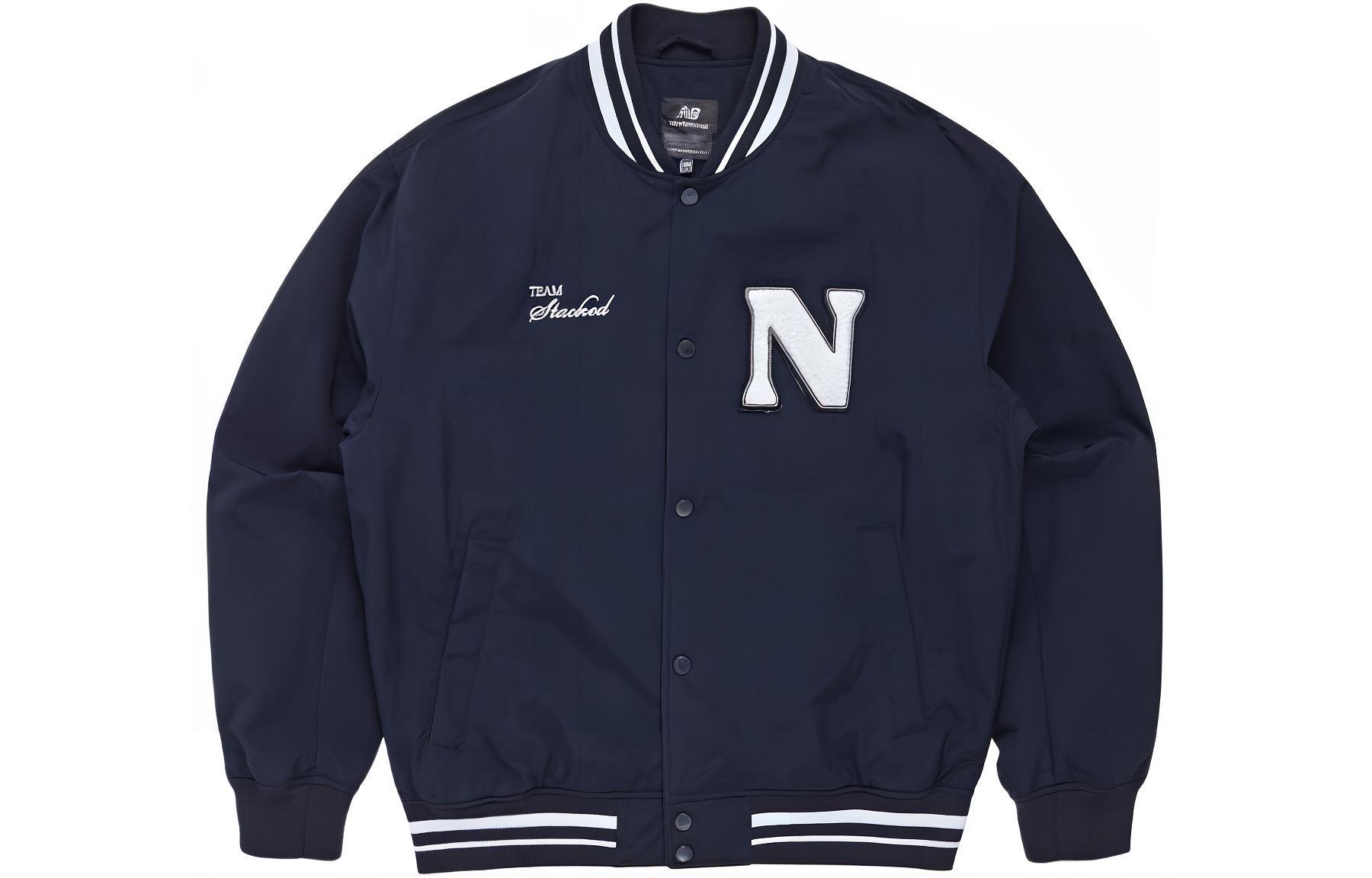 New Balance NB UNI Nylon Varsity Jacket Navy Blue Letter Print Baseball Style NBNAD13313-59