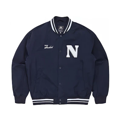 New Balance NB UNI Nylon Varsity Jacket Navy Blue Letter Print Baseball Style NBNAD13313-59