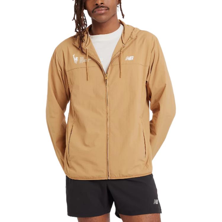 New Balance NYC Marathon Athletics Woven Printed Hoodie Jacket Tan Mens MJ43566M-GIN