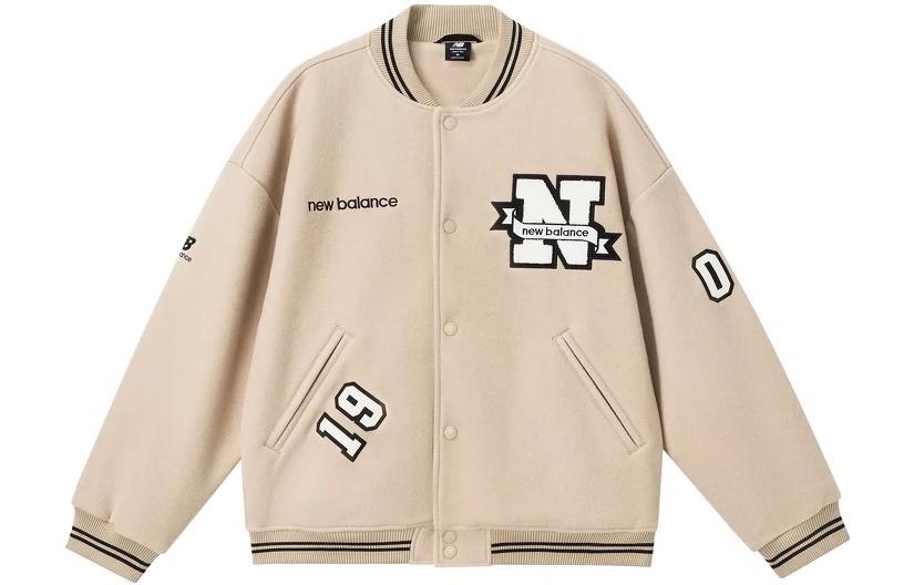New Balance Retro Varsity Wool Baseball Jacket Beige Unisex. AMJ31301-BNN