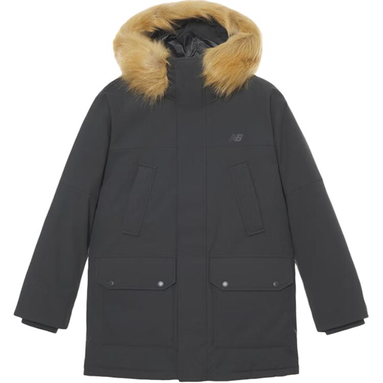 New Balance Unisex Black Grey Hooded Parka Down Jacket with Detachable Fur Trim. AMJ44300-ACK