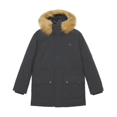 New Balance Unisex Black Grey Hooded Parka Down Jacket with Detachable Fur Trim. AMJ44300-ACK
