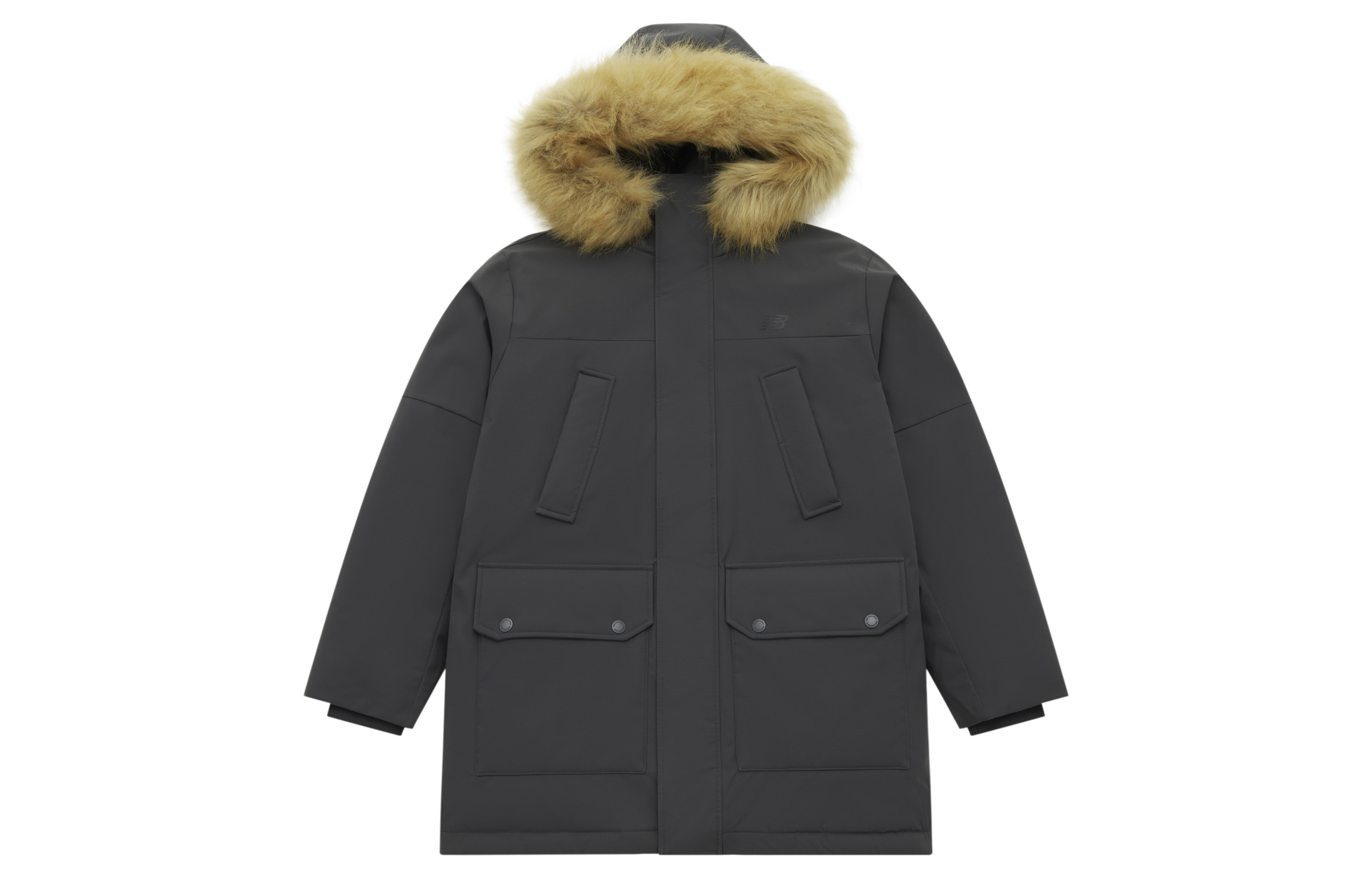 Order New Balance Unisex Black Grey Hooded Parka Down Jacket with Detachable Fur Trim. AMJ44300-ACK