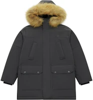 Order New Balance Unisex Black Grey Hooded Parka Down Jacket with Detachable Fur Trim. AMJ44300-ACK
