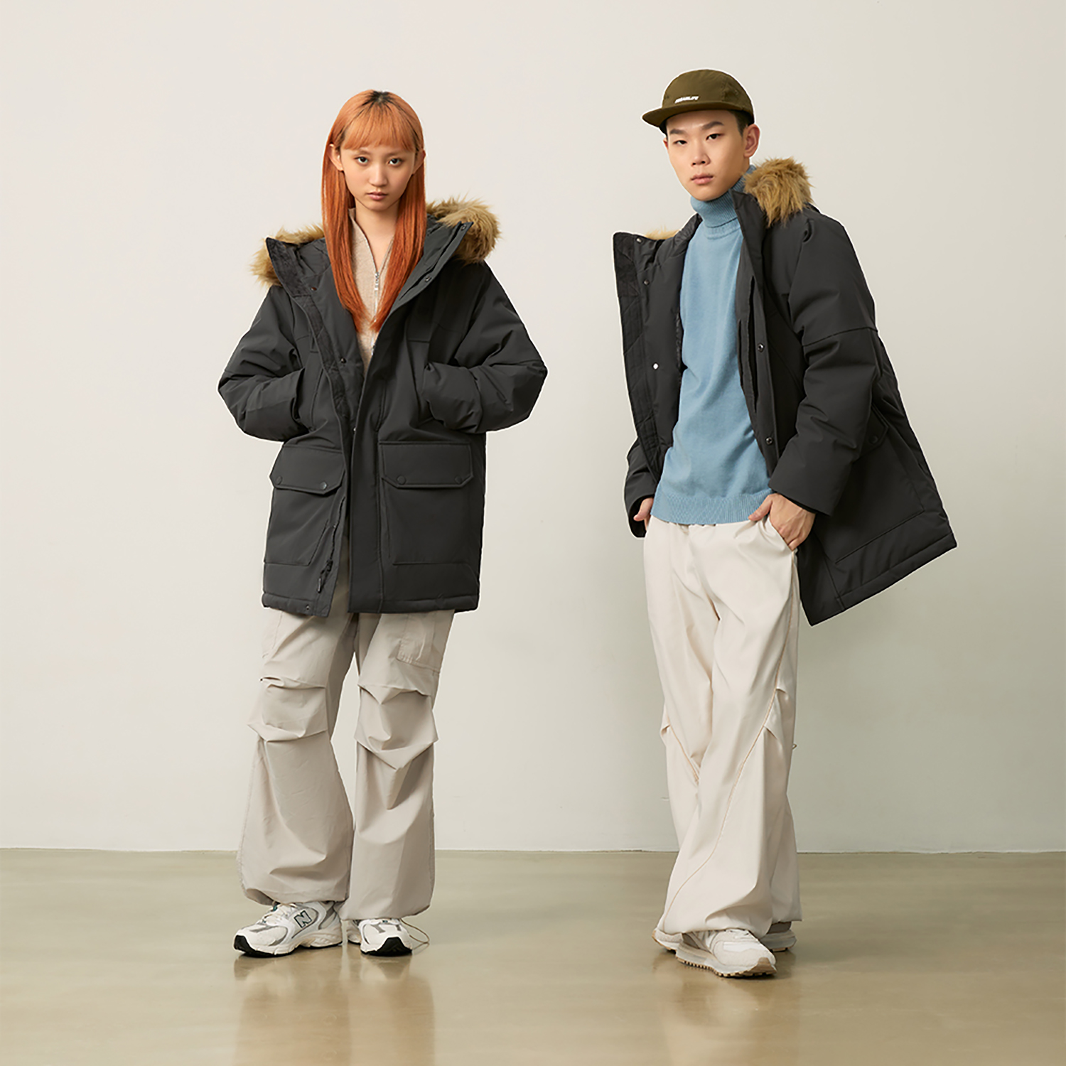 Shop New Balance Unisex Black Grey Hooded Parka Down Jacket with Detachable Fur Trim. AMJ44300-ACK