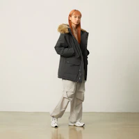 Details for New Balance Unisex Black Grey Hooded Parka Down Jacket with Detachable Fur Trim. AMJ44300-ACK