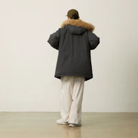 Sizing New Balance Unisex Black Grey Hooded Parka Down Jacket with Detachable Fur Trim. AMJ44300-ACK