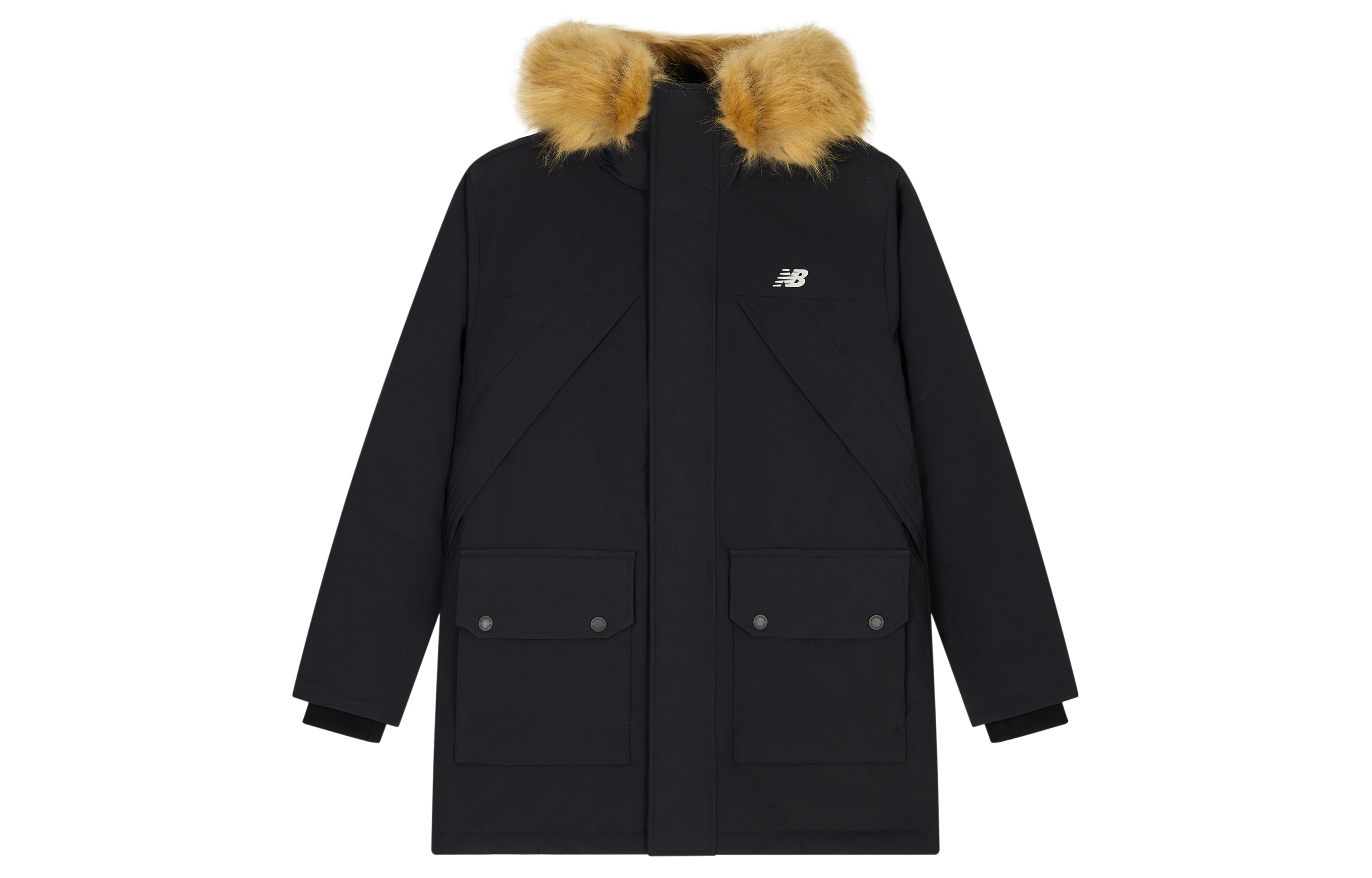 New Balance Unisex Black Long Parka Jacket with Thick Insulation and Fur Hood. AMJ34323-BK