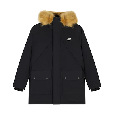 New Balance Unisex Black Long Parka Jacket with Thick Insulation and Fur Hood. AMJ34323-BK