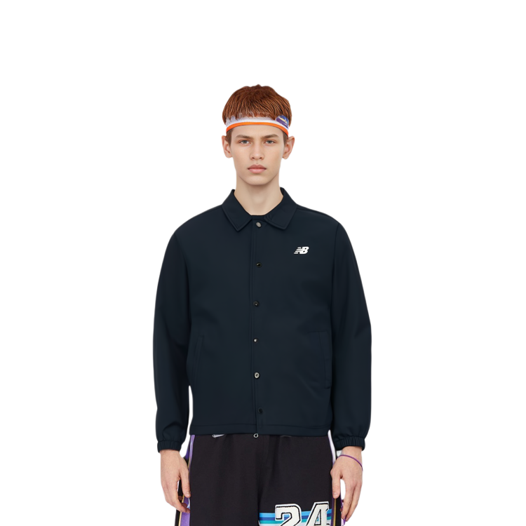 Lookbook New Balance 男女款黑色素面Polo領單排扣襯衫外套 NAA1V013-BK