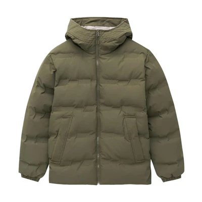 New Balance Unisex Green Down Jacket with Solid Color Zippered Hoodie. AMJ24375-DMO
