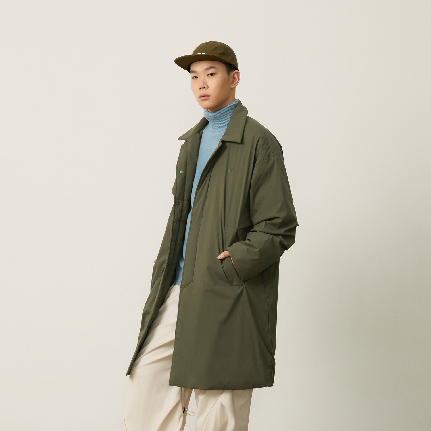 Details for New Balance Unisex Long Duck Down Jacket Olive Green Casual Warm Coat. AMJ44307-DRC