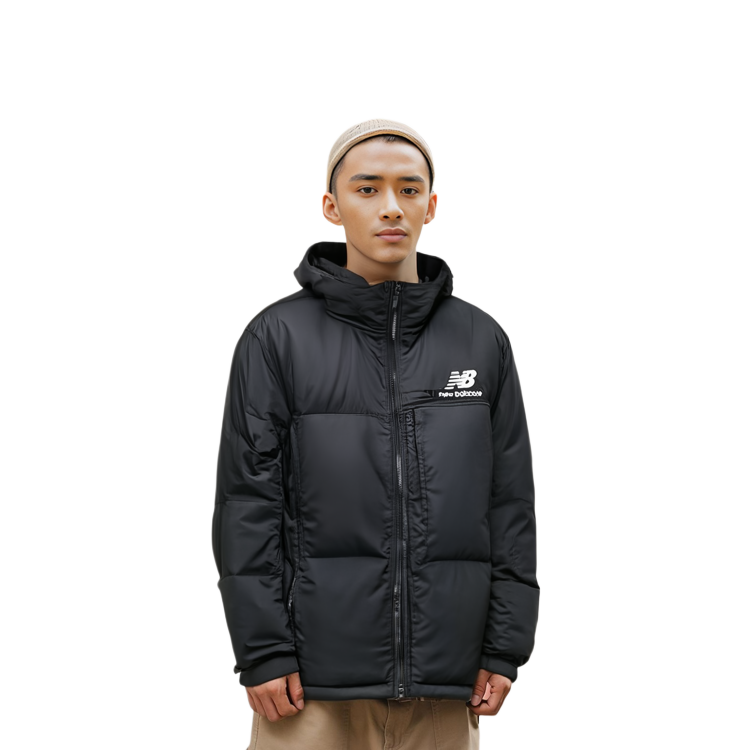 Shop New Balance 男女黑色純色拉鍊連帽外套。 NBNPB41043-19