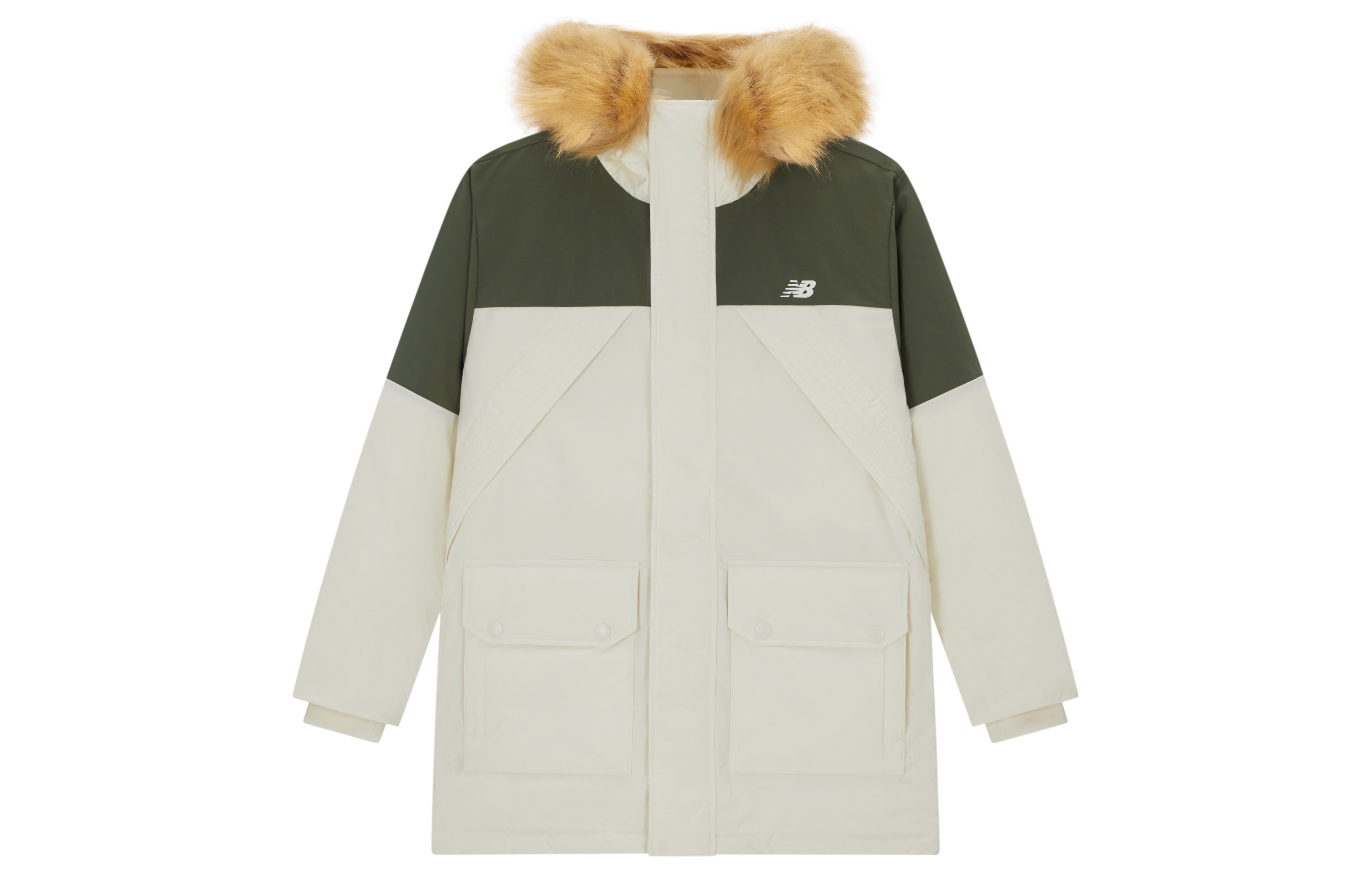 New Balance White Green Parka Down Jacket with Fur Hood Unisex Winter Coat. AMJ34323-CIC
