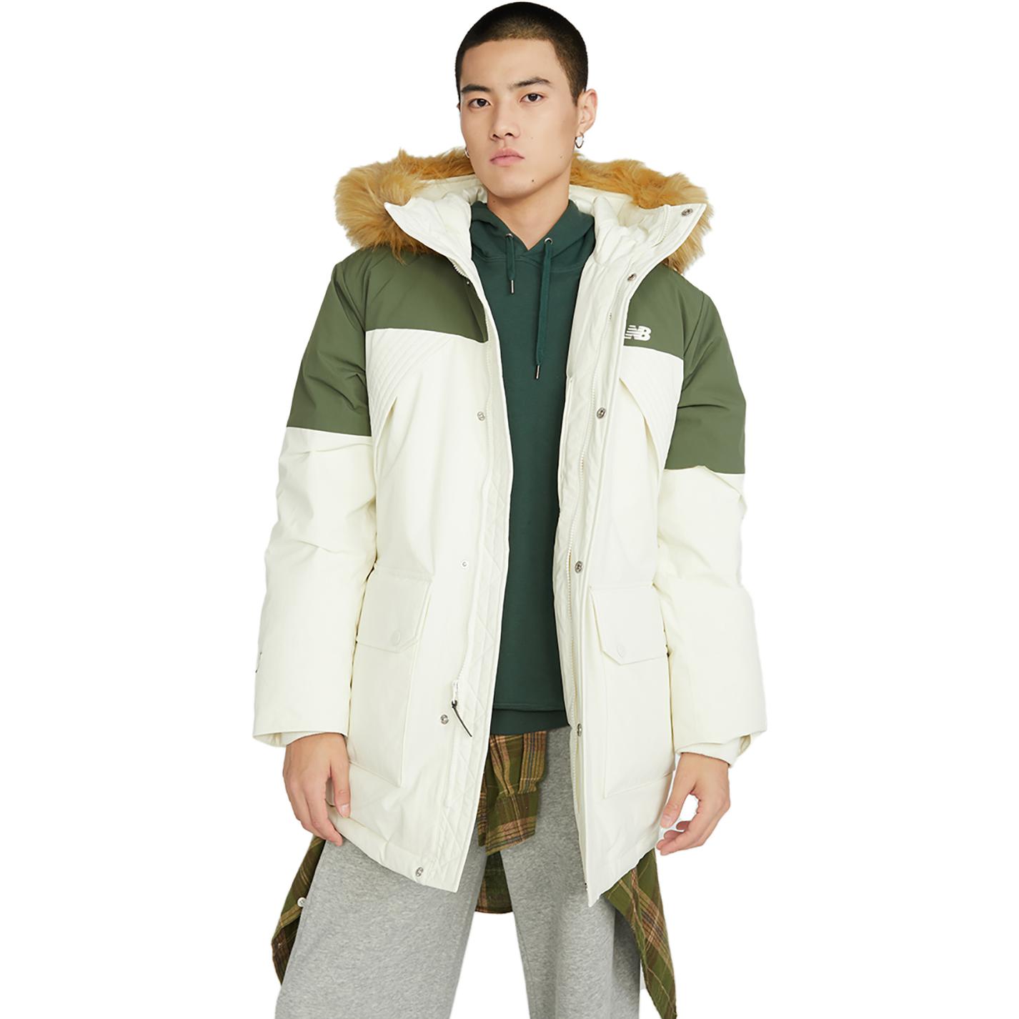 Shop ニューバランス 白 緑 パーカー ダウンジャケット フード付き ユニセックス 冬用コート. AMJ34323-CIC
