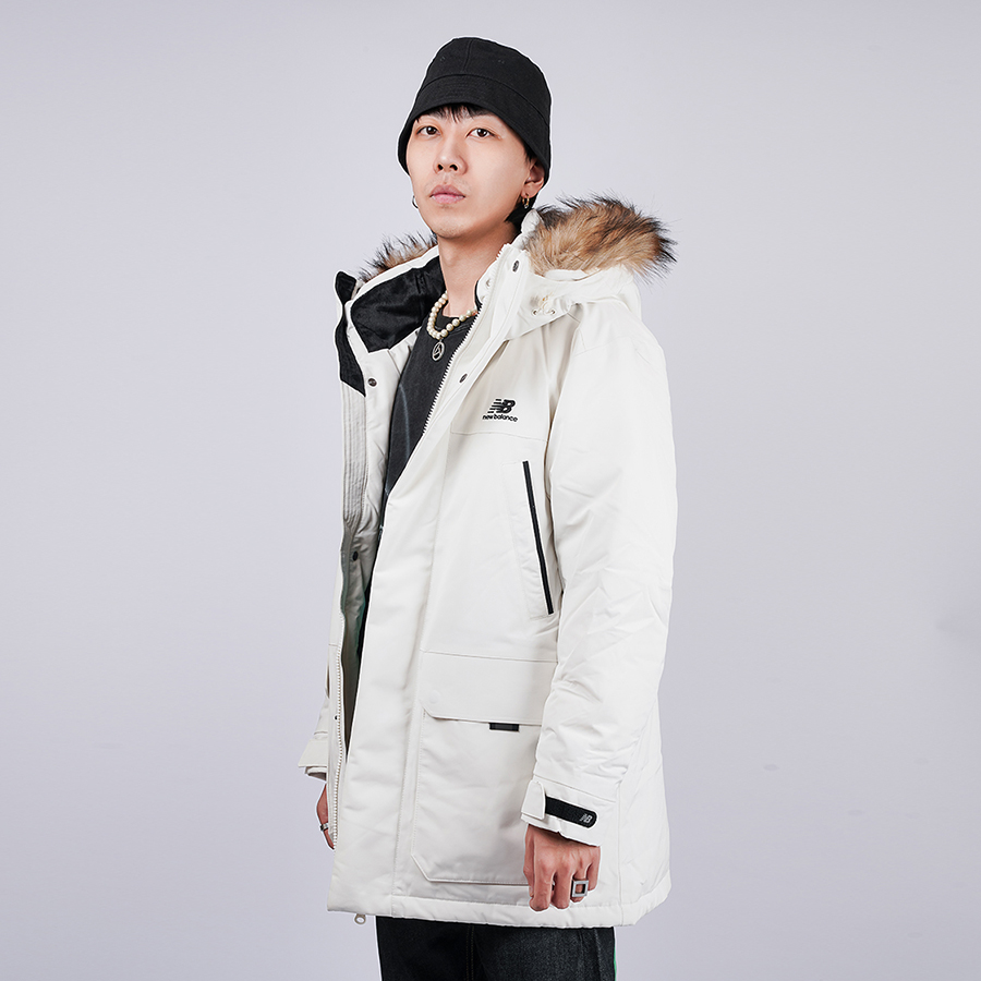 Sizing New Balance Jaket Musim Sejuk Putih Hooded Down Parka Panjang Sederhana. NPA46011-IV