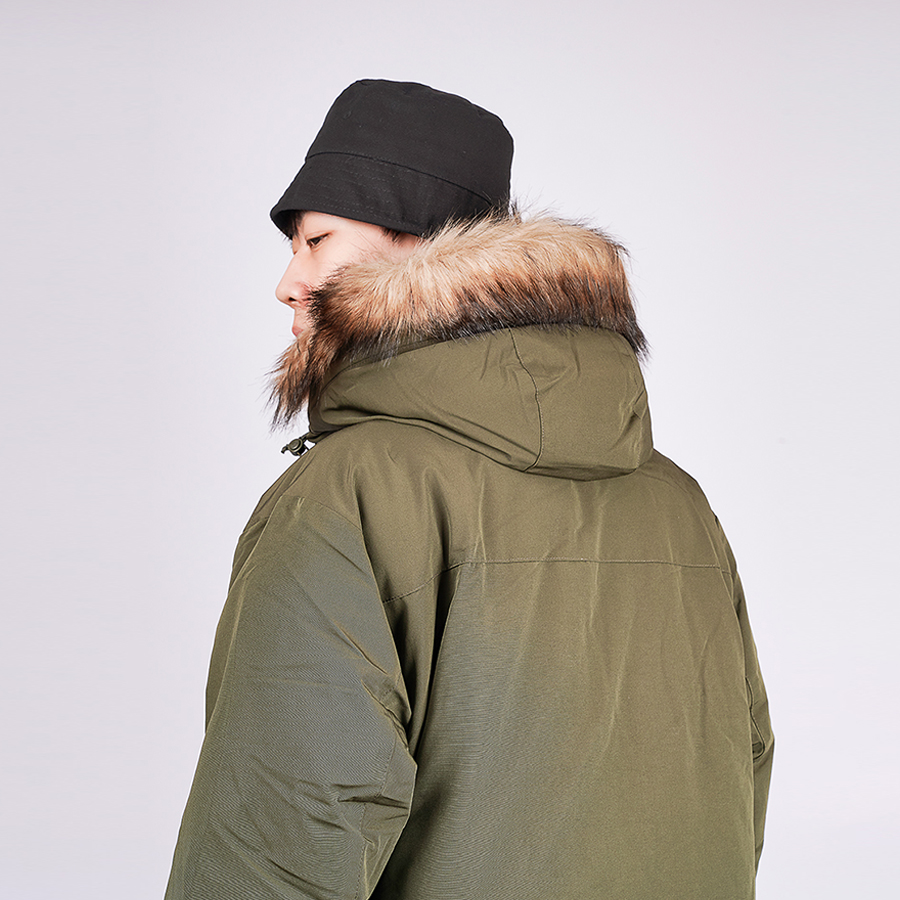 Sizing New Balance Jaket Parka Musim Sejuk Hijau Tentera dengan Hoodie. NPA46011-KH