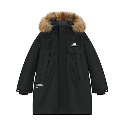 New Balance Winter Couple Black Hooded Parka Jacket with Logo Print and Fur Collar. 5PC44303-BK
