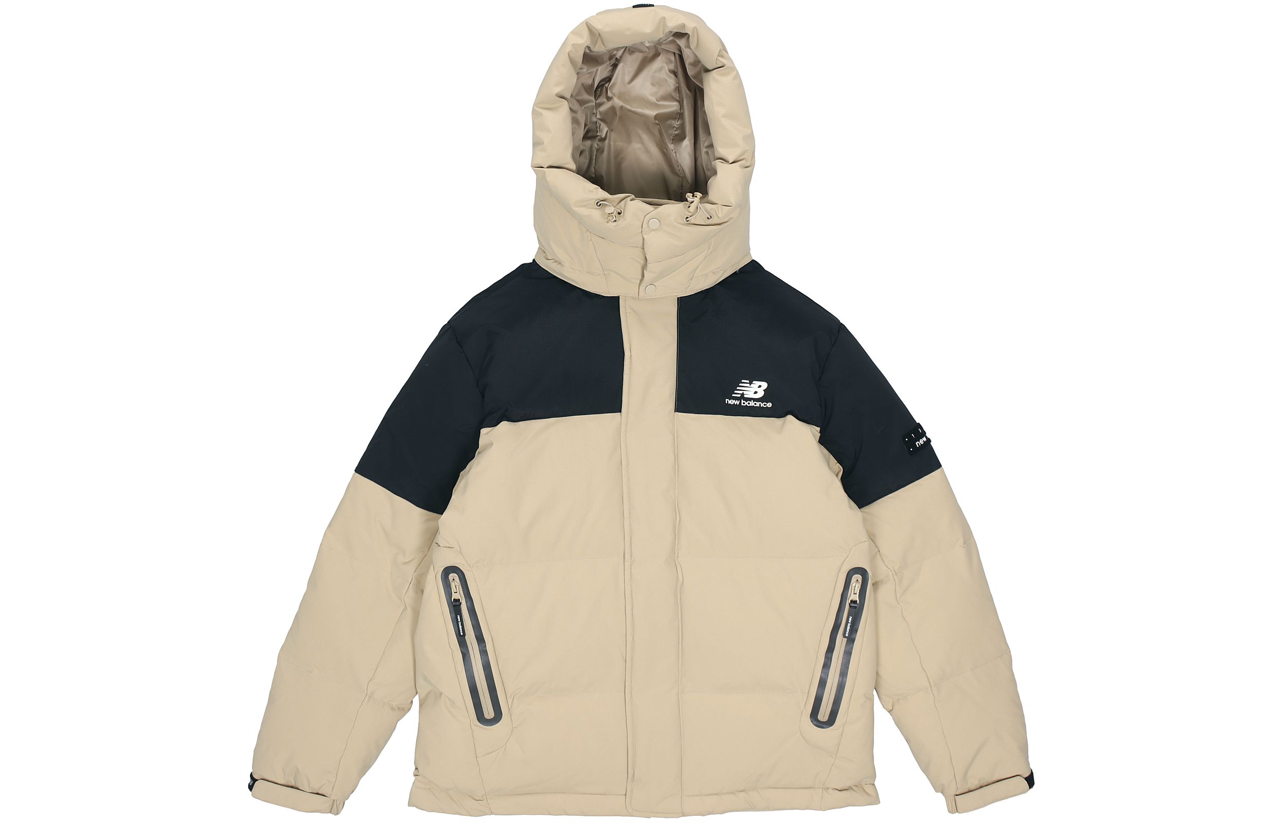 New Balance Winter Down Jacket Hoodie Beige Colorblock Warm Coat. AMJ14323-BEI
