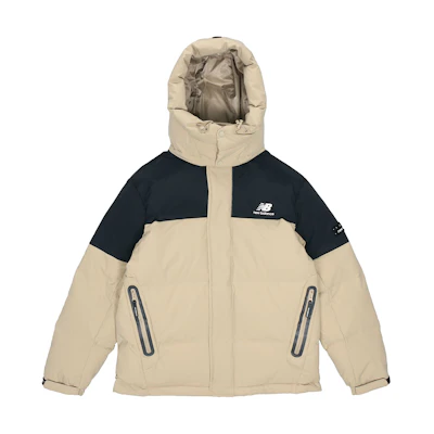 New Balance Winter Down Jacket Hoodie Beige Colorblock Warm Coat. AMJ14323-BEI