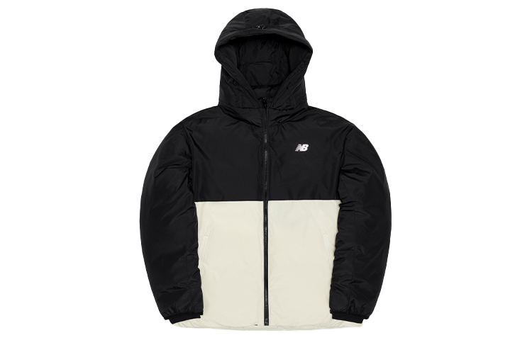 Order New Balance Jaket Puffer Musim Dingin dengan Hoodie, Hitam/Putih Kombinasi NPA4S013BK